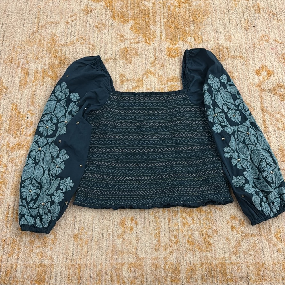 Anthropologie Floral Embroidered Smocked Puff Sleeve Top Turquoise Green Size L - Picture 2 of 9